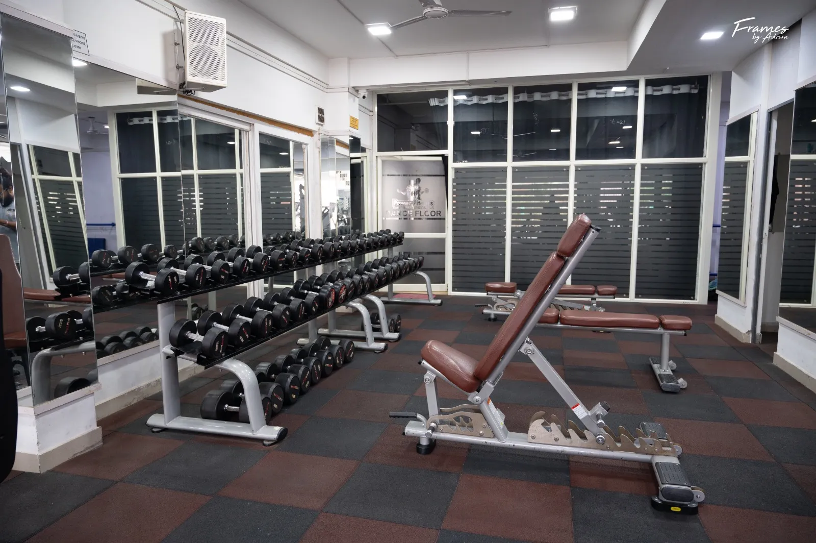 Free-weight area with benches, barbells and upper-body training equipment.