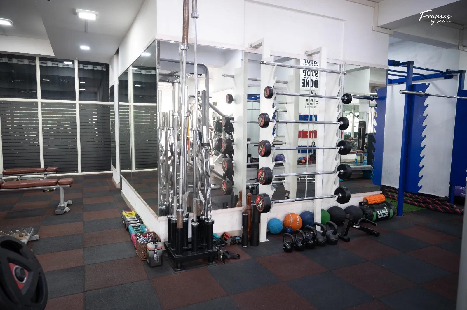 Women-friendly free-weight training area with dumbbells and mirrors.